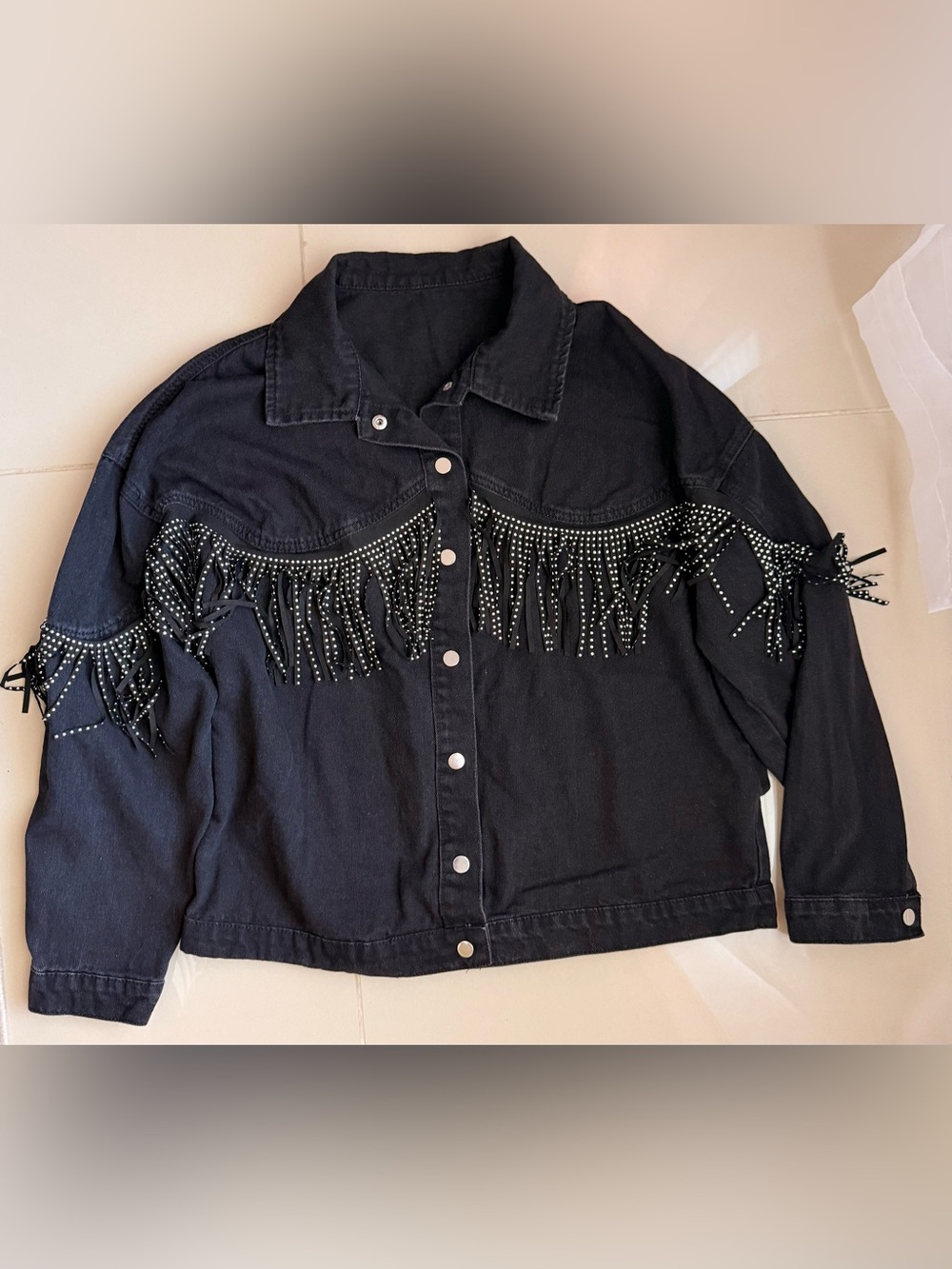 Shein Black Denim Jacket with Rhinestone Fringe - Size L